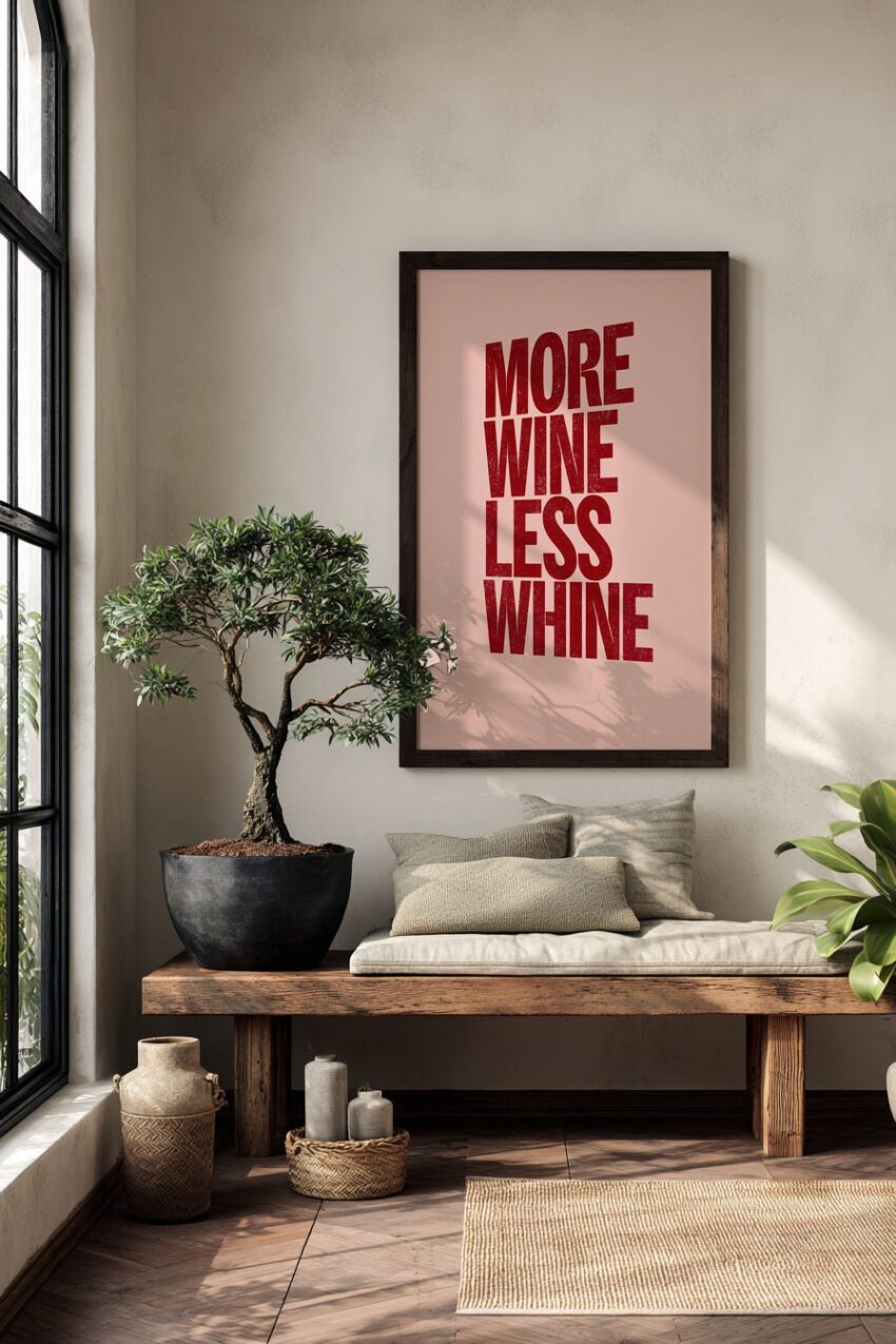 Grafik Poster Schriftzug rot More Wine Less Whine