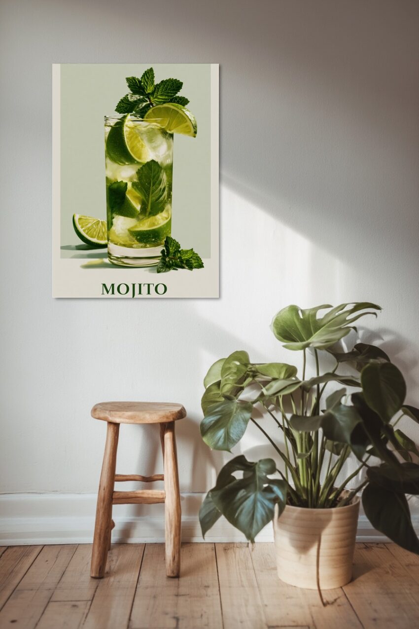 Fotografie Poster mojito Glas Limette Minze frisch grün