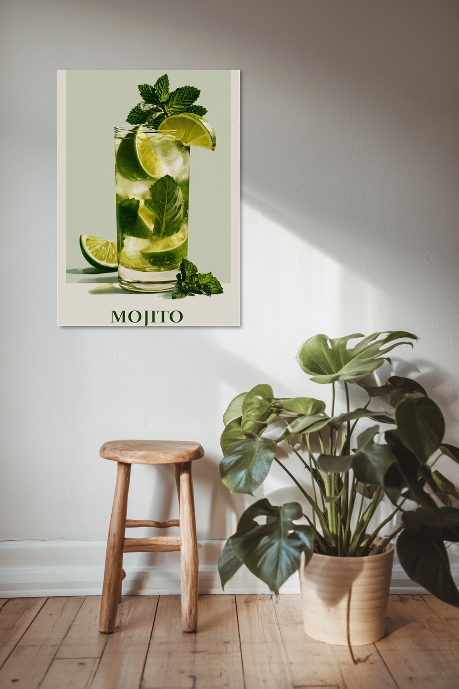 Fotografie Poster mojito Glas Limette Minze frisch grün