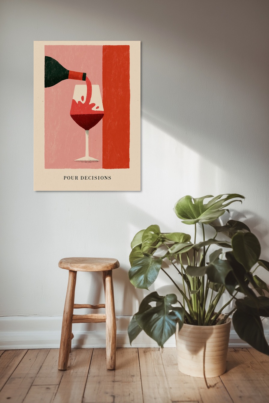 Illustration Poster Wein einschenken Rotwein minimalistisch rot rosa
