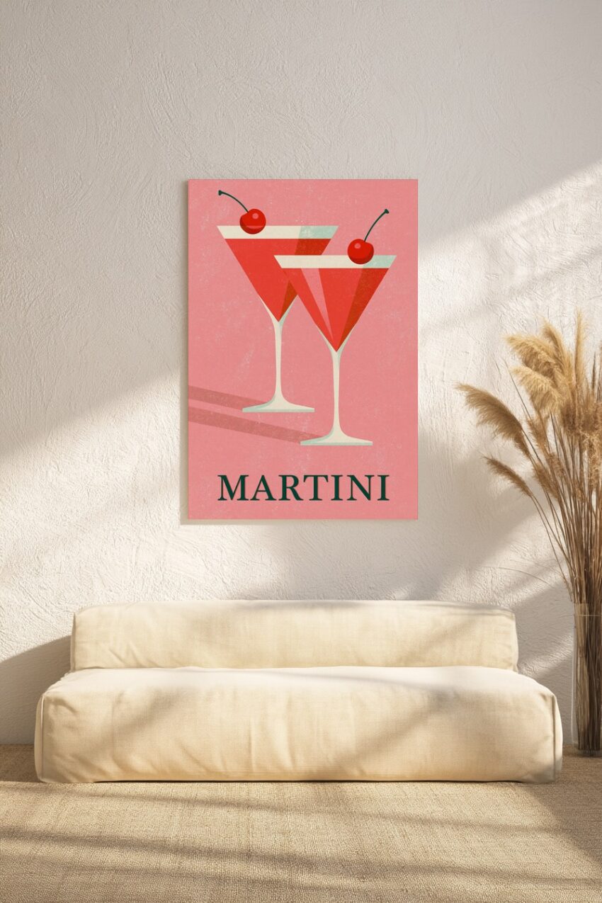 Illustration Poster Martini rot mit Kirsche minimalistisch