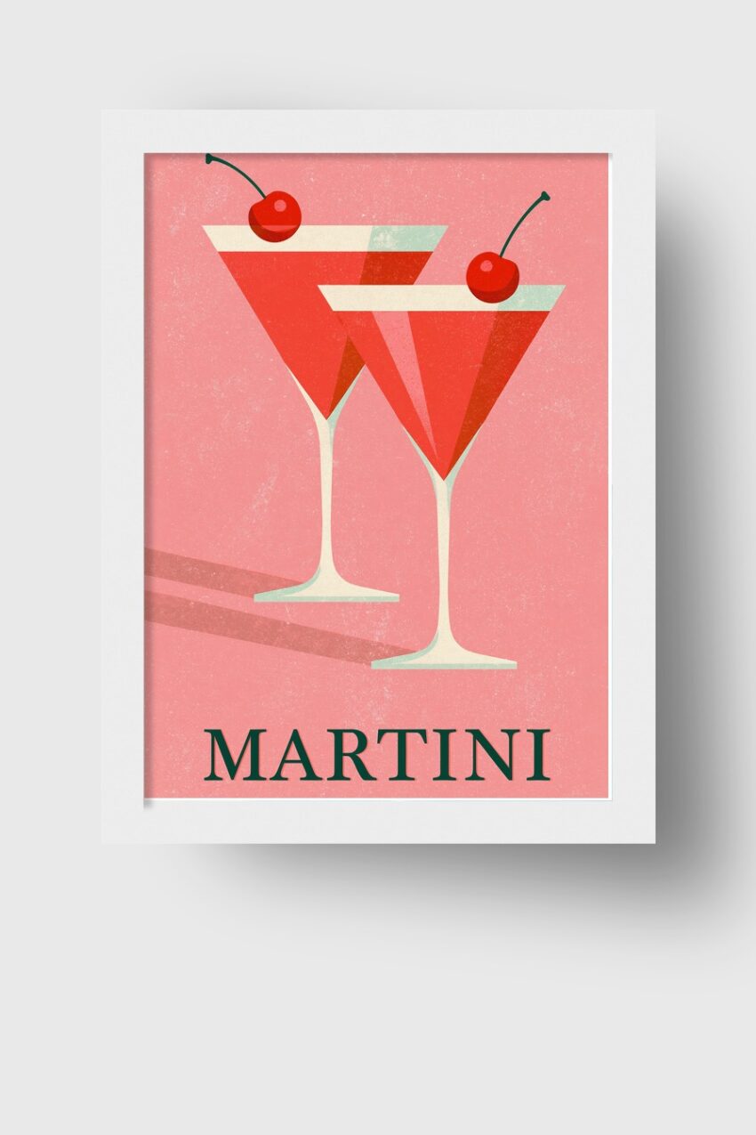 Illustration Poster Martini rot mit Kirsche minimalistisch