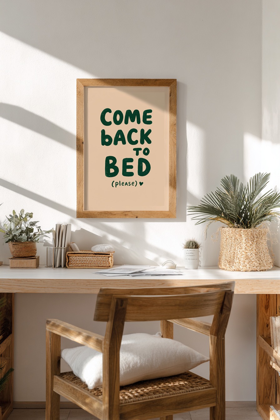 Grafikdesign Poster Schriftzug Bitte zurück ins Bett schwarz grün