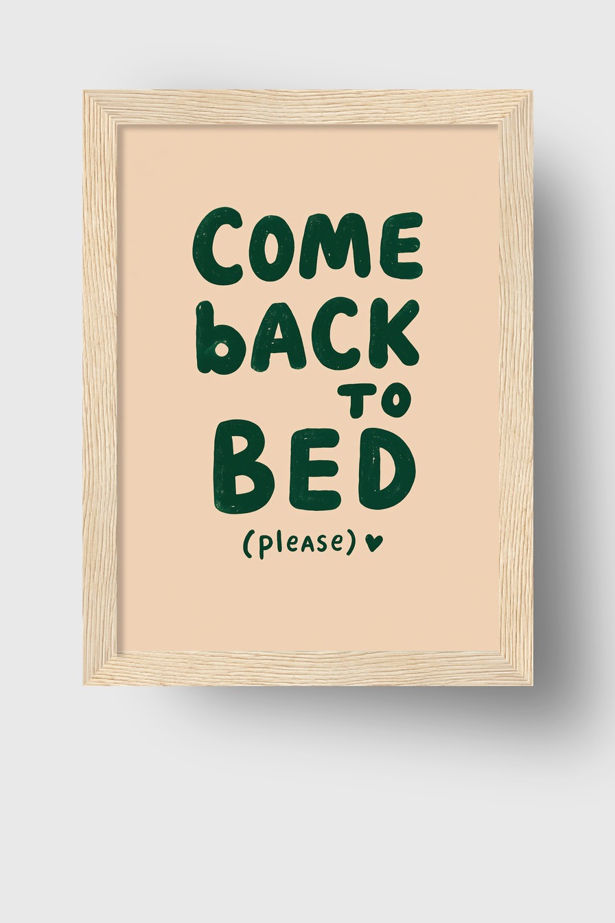 Grafikdesign Poster Schriftzug Bitte zurück ins Bett schwarz grün