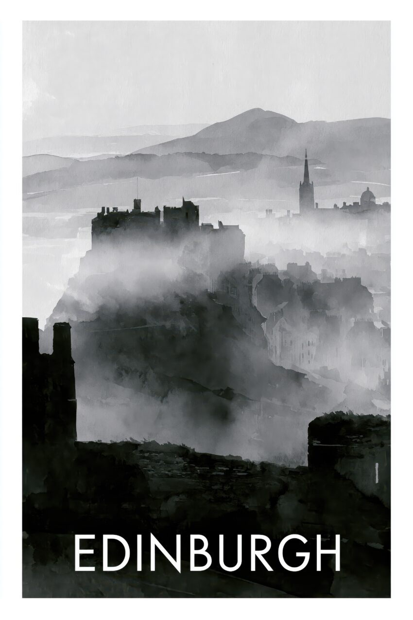 Digital Poster Edinburgh Stadt Silhouette Nebel grau schwarz-weiß