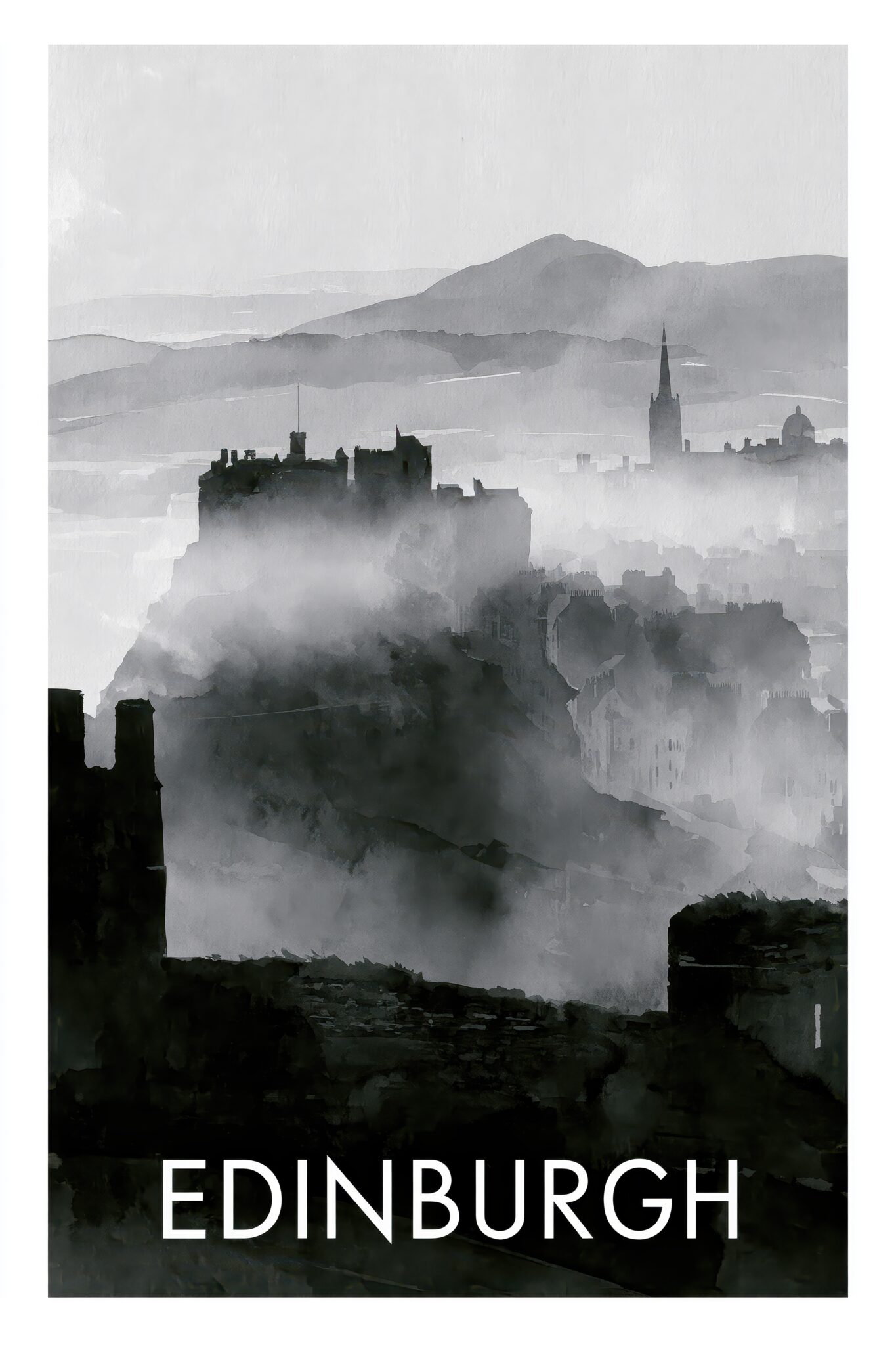 Digital Poster Edinburgh Stadt Silhouette Nebel grau schwarz-weiß
