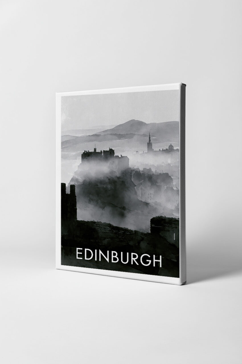 Digital Poster Edinburgh Stadt Silhouette Nebel grau schwarz-weiß