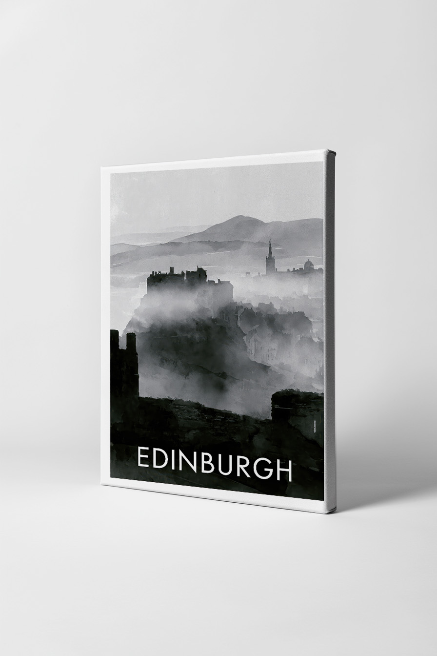 Digital Poster Edinburgh Stadt Silhouette Nebel grau schwarz-weiß