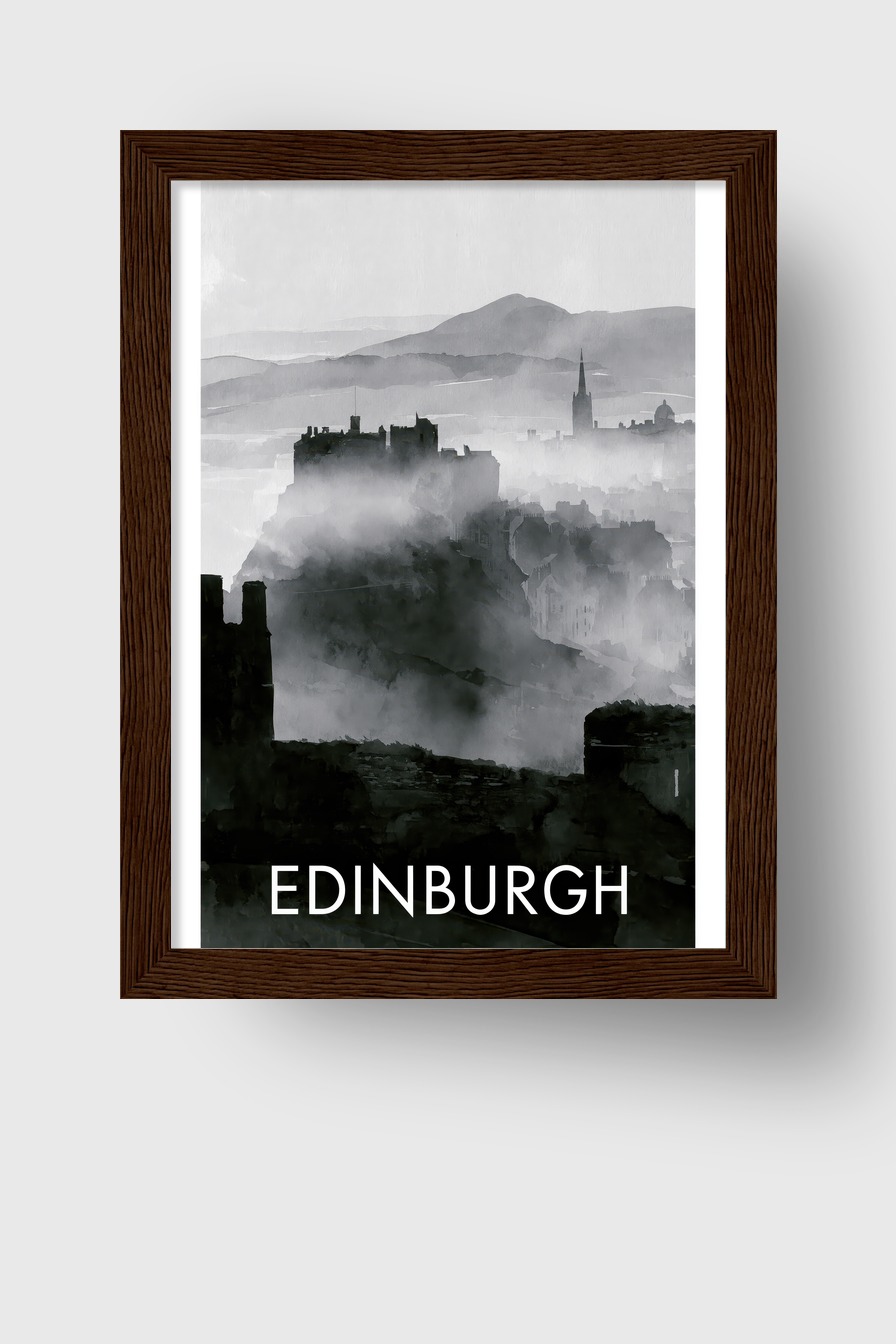 Digital Poster Edinburgh Stadt Silhouette Nebel grau schwarz-weiß