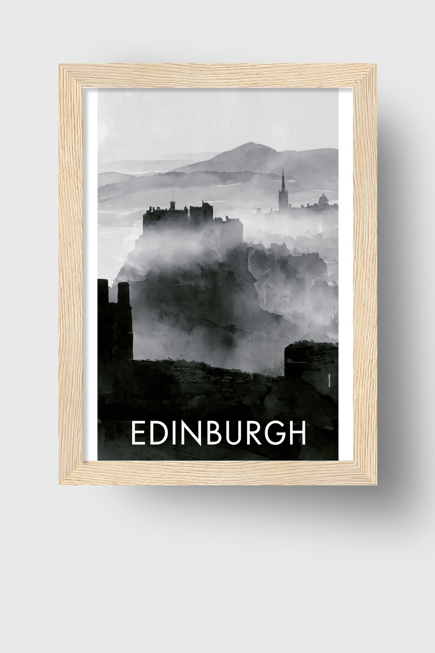 Digital Poster Edinburgh Stadt Silhouette Nebel grau schwarz-weiß