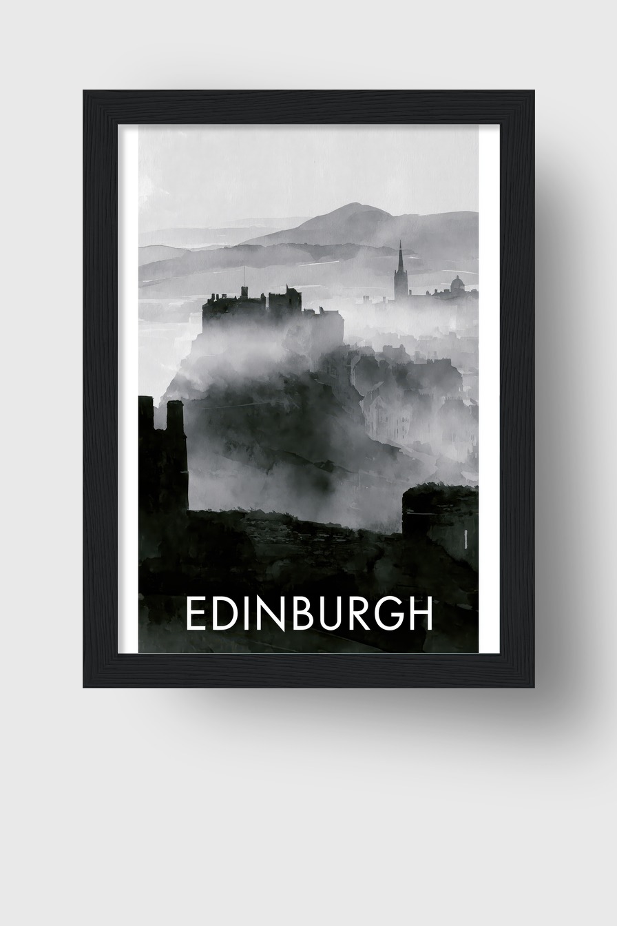 Digital Poster Edinburgh Stadt Silhouette Nebel grau schwarz-weiß