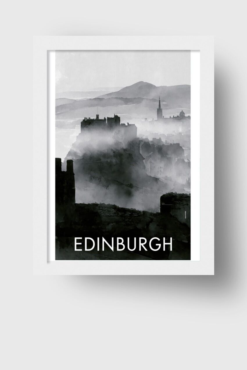 Digital Poster Edinburgh Stadt Silhouette Nebel grau schwarz-weiß