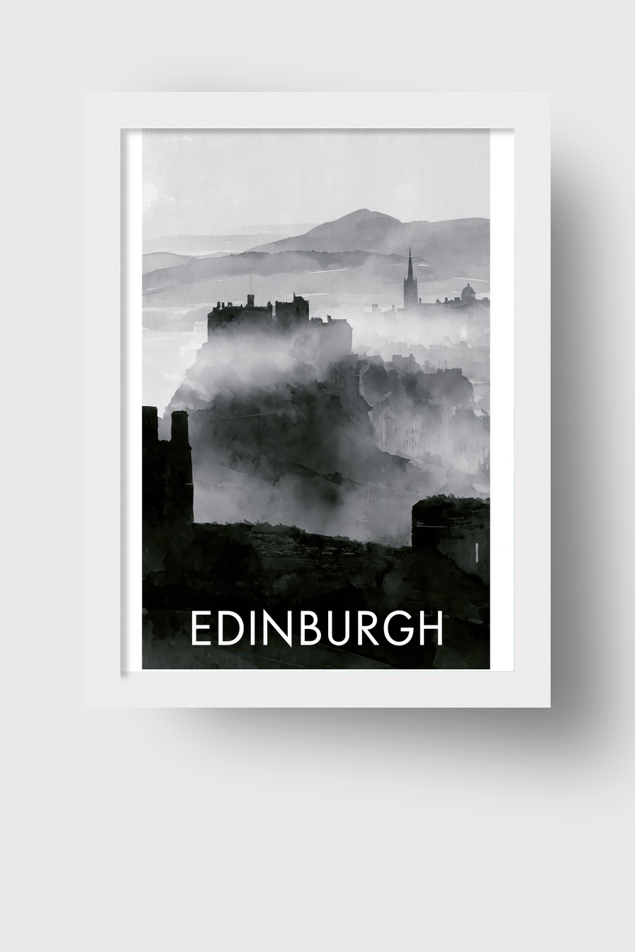 Digital Poster Edinburgh Stadt Silhouette Nebel grau schwarz-weiß