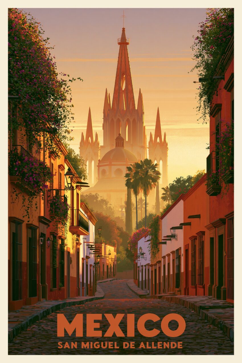 Illustration Poster San Miguel Kirchturm warmes Licht Mexiko
