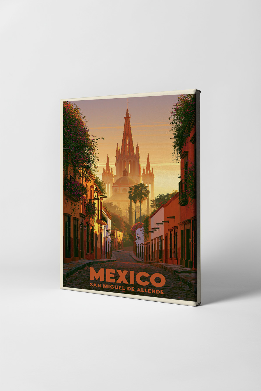Illustration Poster San Miguel Kirchturm warmes Licht Mexiko