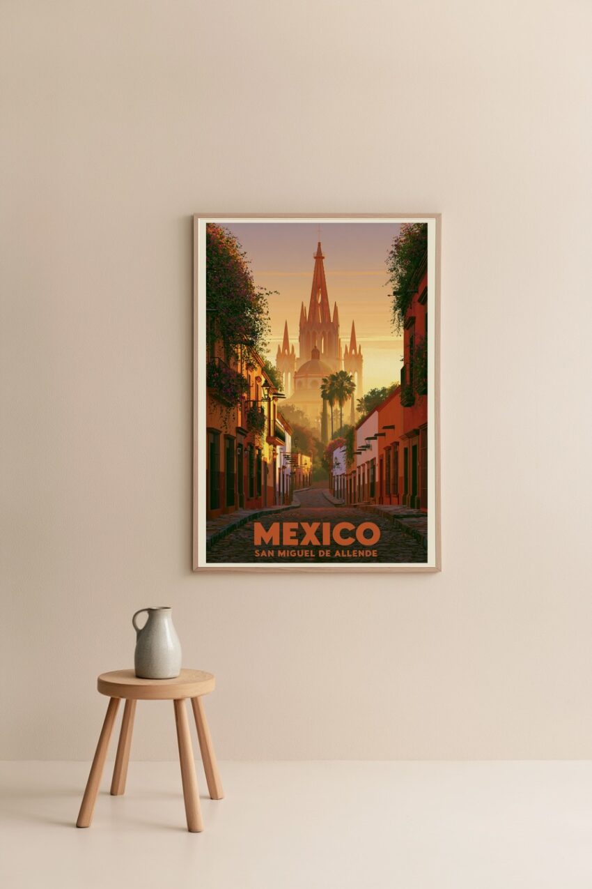Illustration Poster San Miguel Kirchturm warmes Licht Mexiko