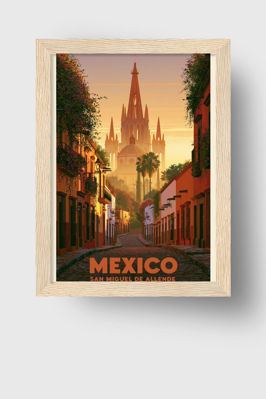 Illustration Poster San Miguel Kirchturm warmes Licht Mexiko