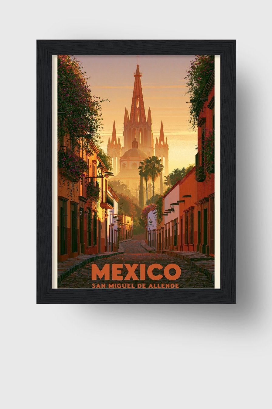 Illustration Poster San Miguel Kirchturm warmes Licht Mexiko