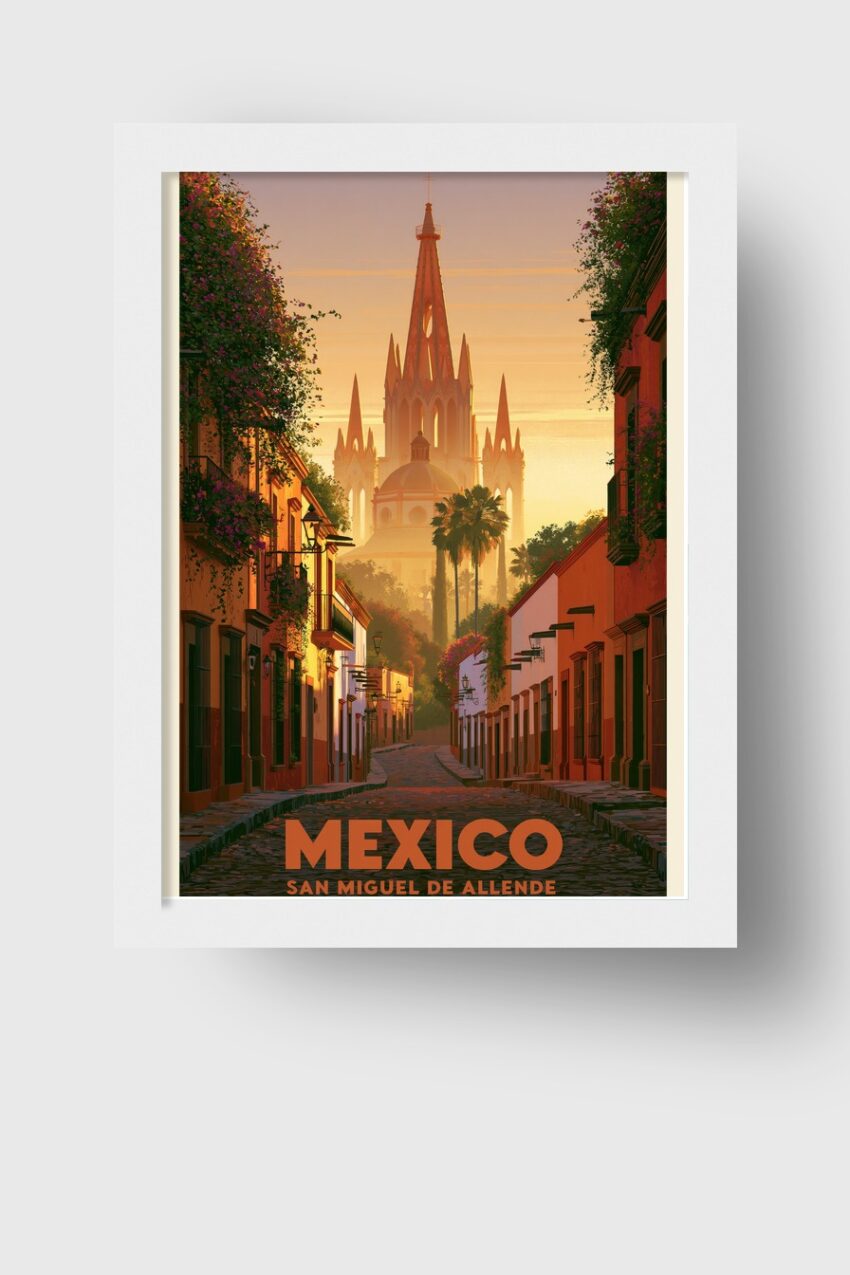 Illustration Poster San Miguel Kirchturm warmes Licht Mexiko