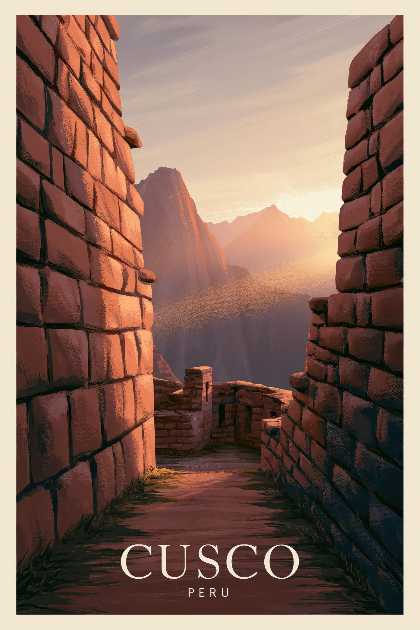 Illustration Poster Cusco Mauer Abendlicht Peru Steinweg