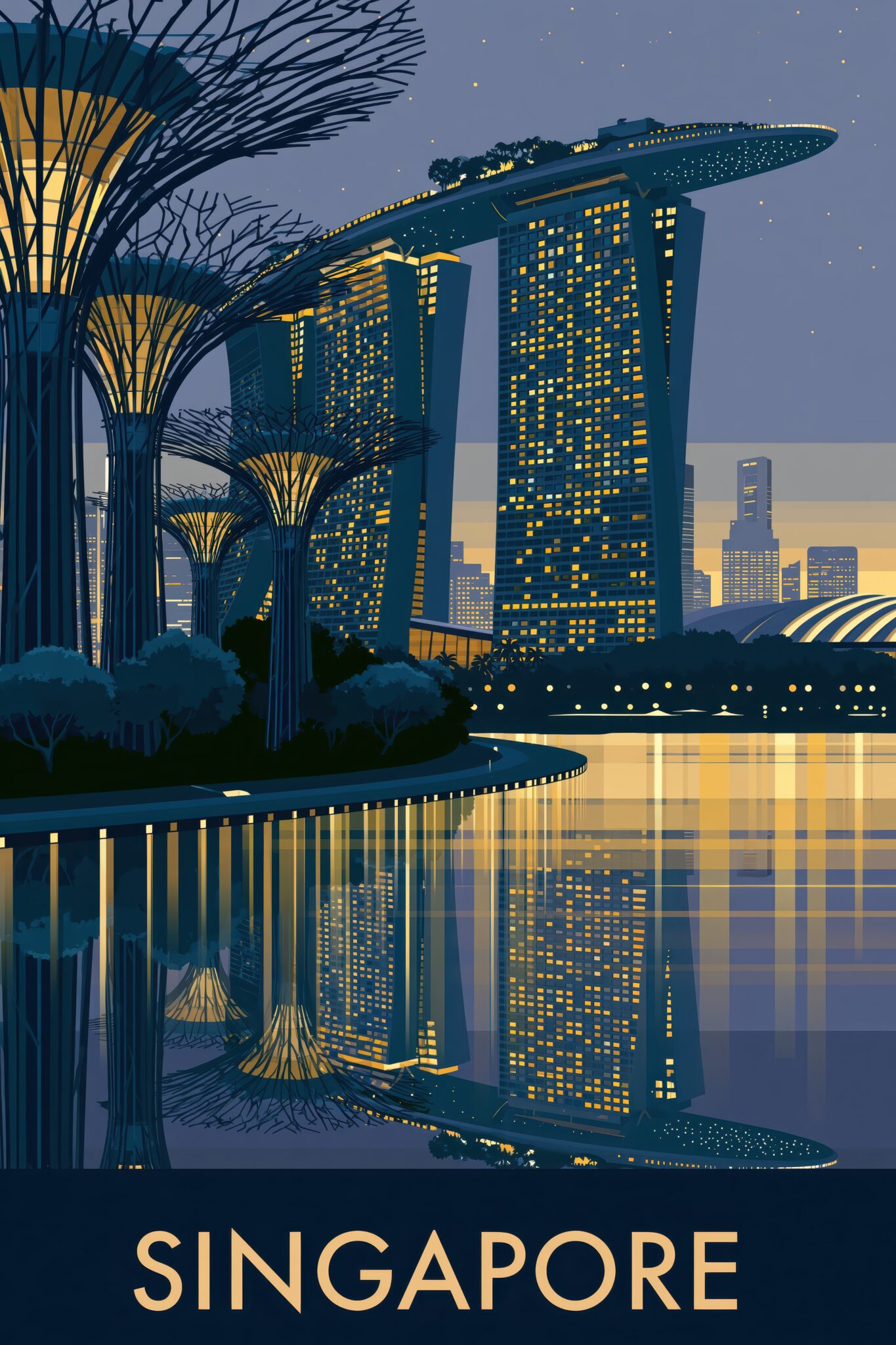 Digitale Kunst Poster Marina Bay Sands Nacht Spiegelung gelb blau