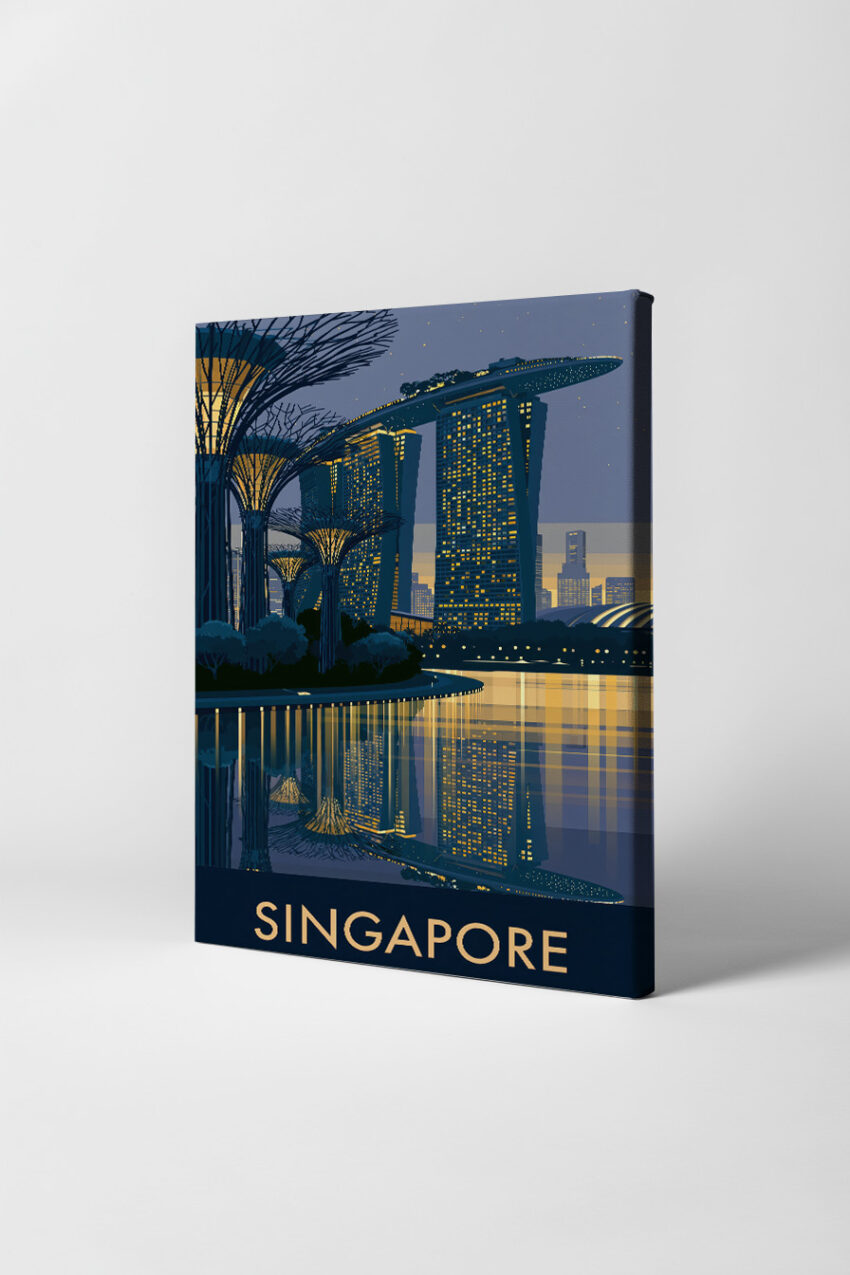 Digitale Kunst Poster Marina Bay Sands Nacht Spiegelung gelb blau