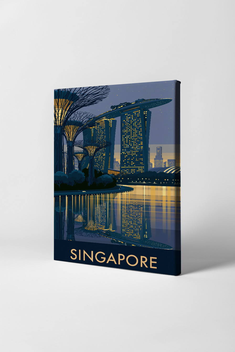Digitale Kunst Poster Marina Bay Sands Nacht Spiegelung gelb blau