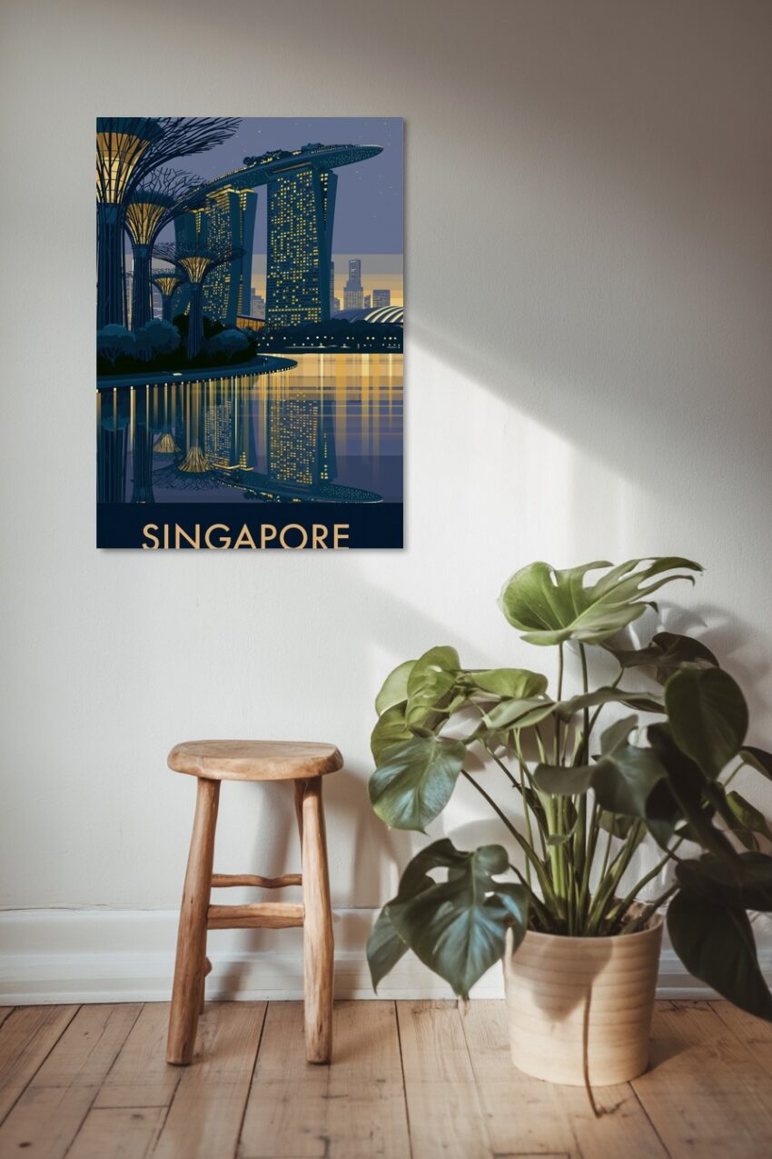Digitale Kunst Poster Marina Bay Sands Nacht Spiegelung gelb blau