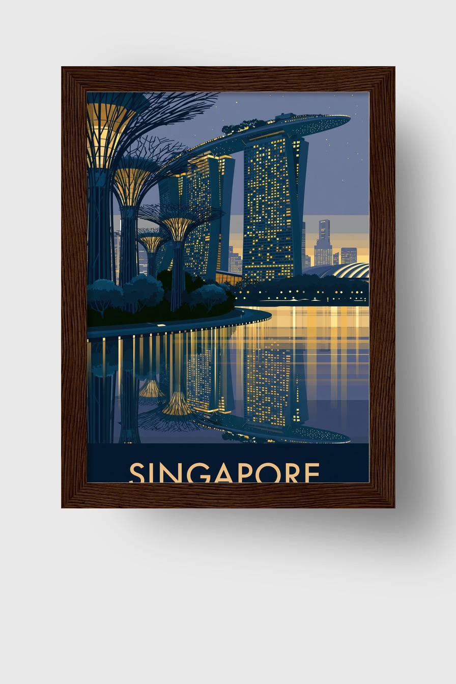 Digitale Kunst Poster Marina Bay Sands Nacht Spiegelung gelb blau