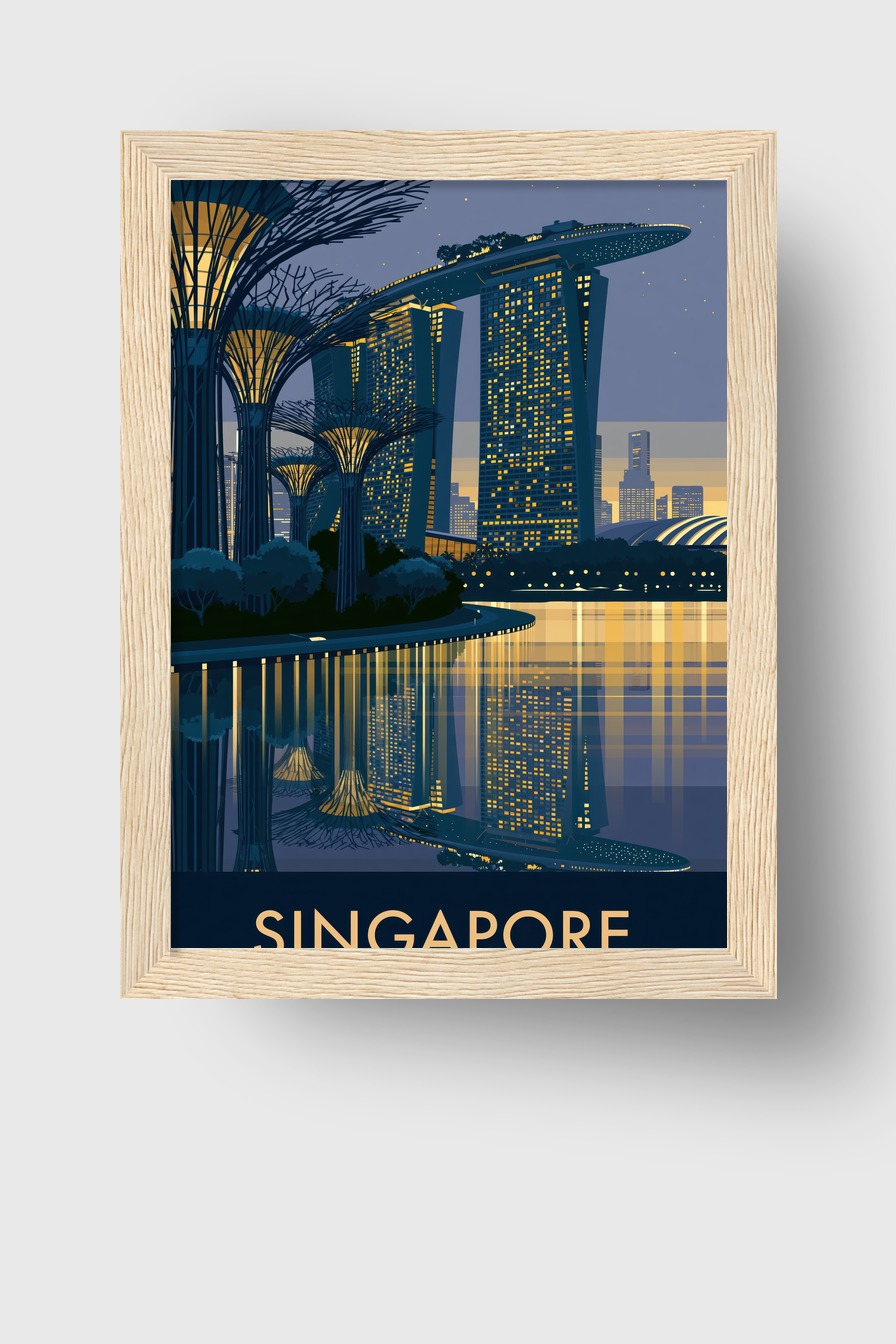 Digitale Kunst Poster Marina Bay Sands Nacht Spiegelung gelb blau