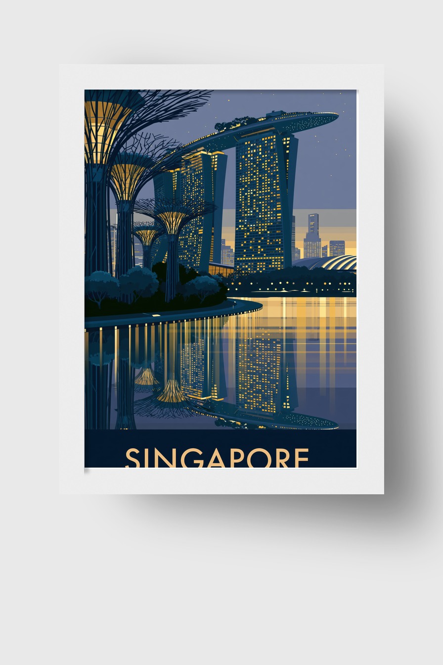 Digitale Kunst Poster Marina Bay Sands Nacht Spiegelung gelb blau