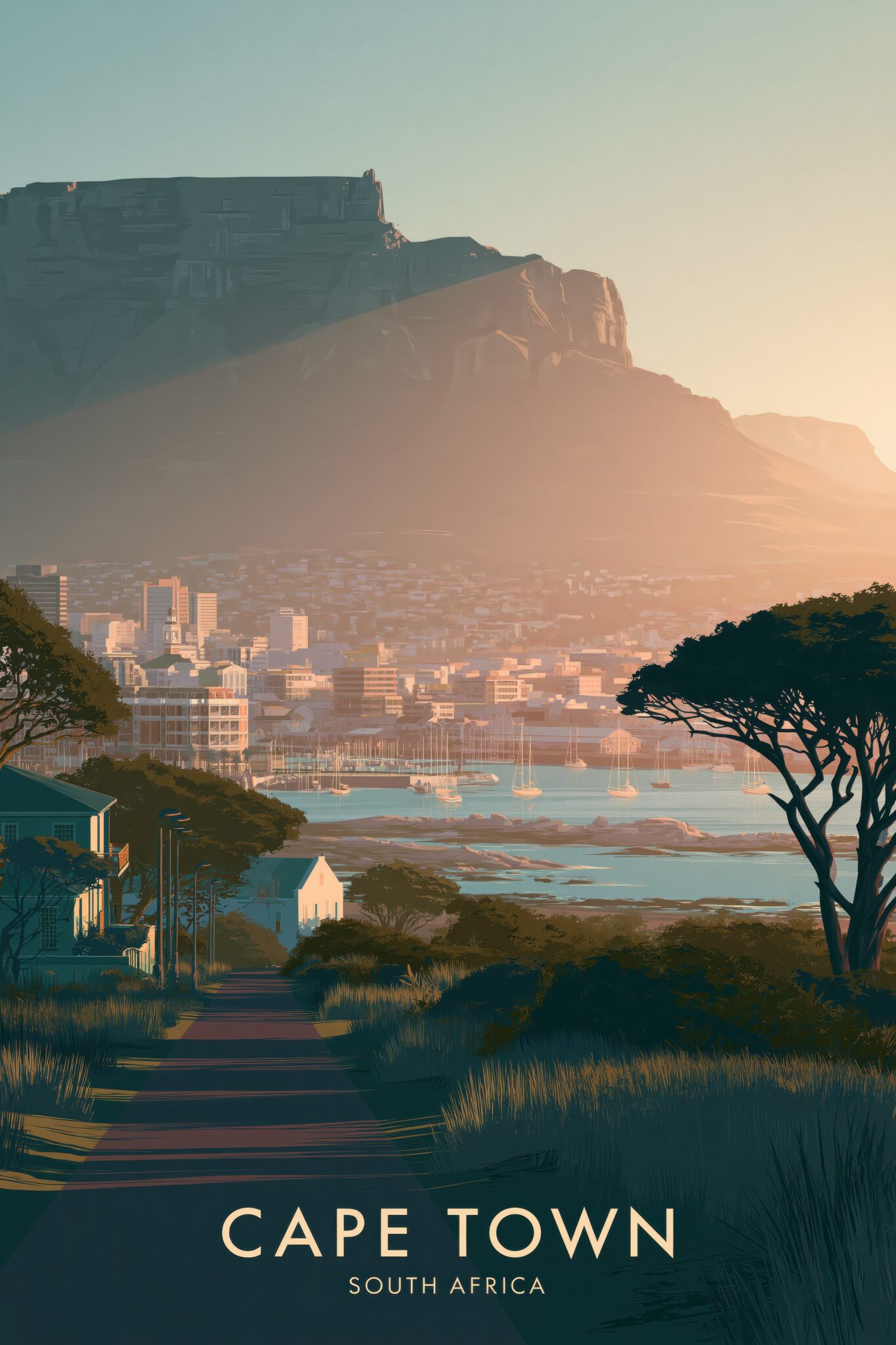 Illustration Poster Cape Town Sonnenuntergang Hafen Berge blau