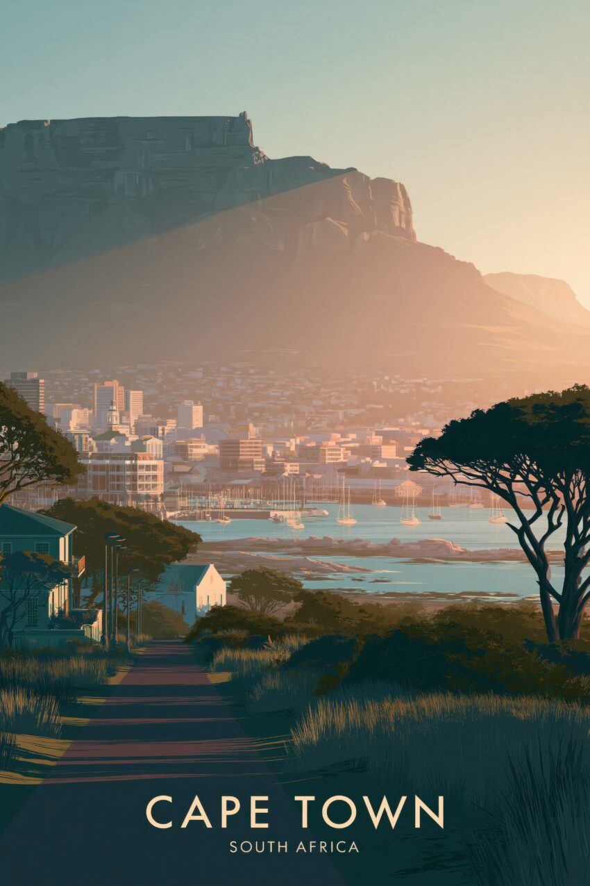 Illustration Poster Cape Town Sonnenuntergang Hafen Berge blau