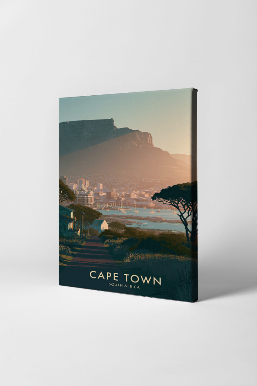 Illustration Poster Cape Town Sonnenuntergang Hafen Berge blau