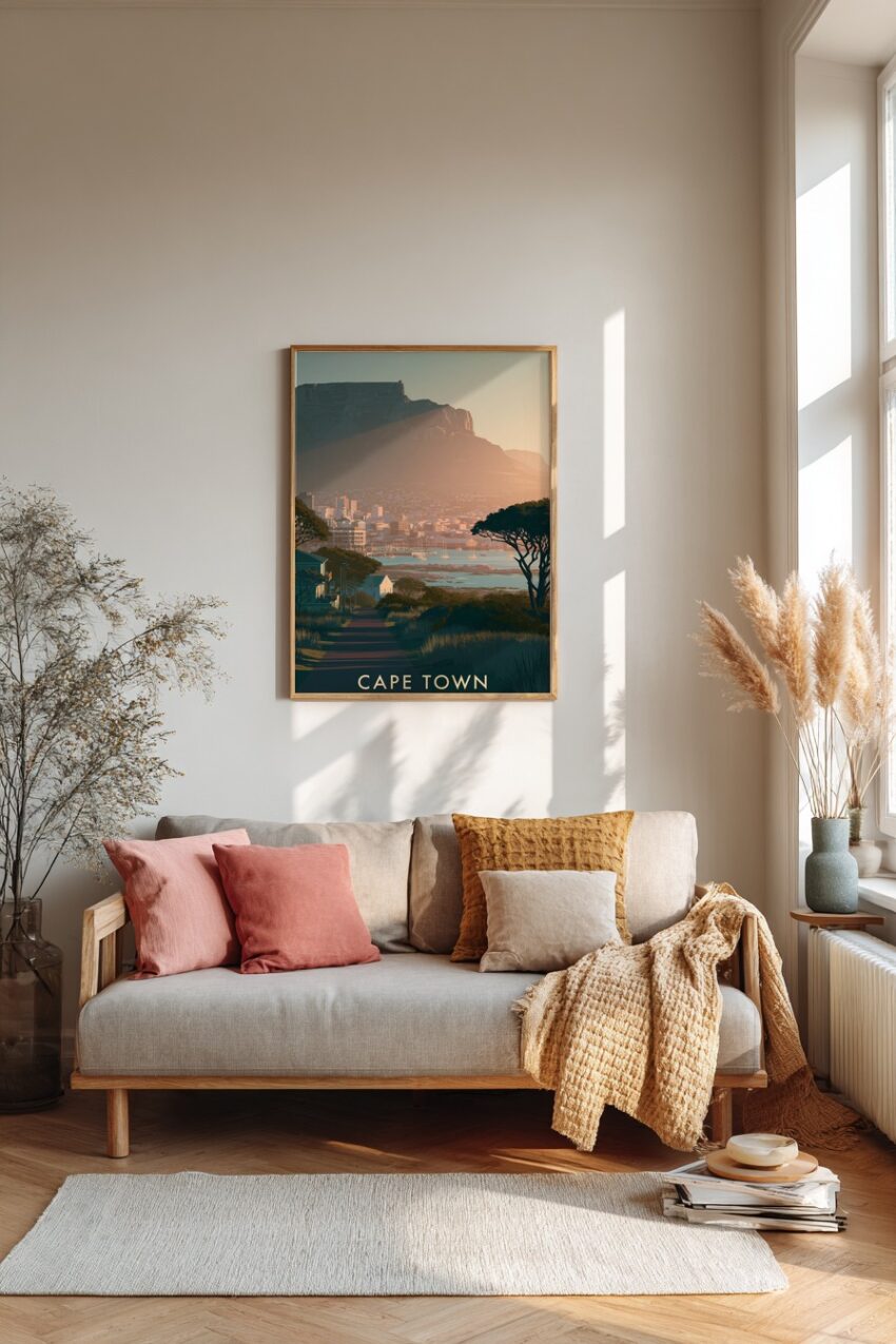 Illustration Poster Cape Town Sonnenuntergang Hafen Berge blau
