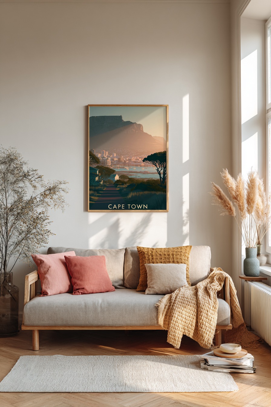 Illustration Poster Cape Town Sonnenuntergang Hafen Berge blau