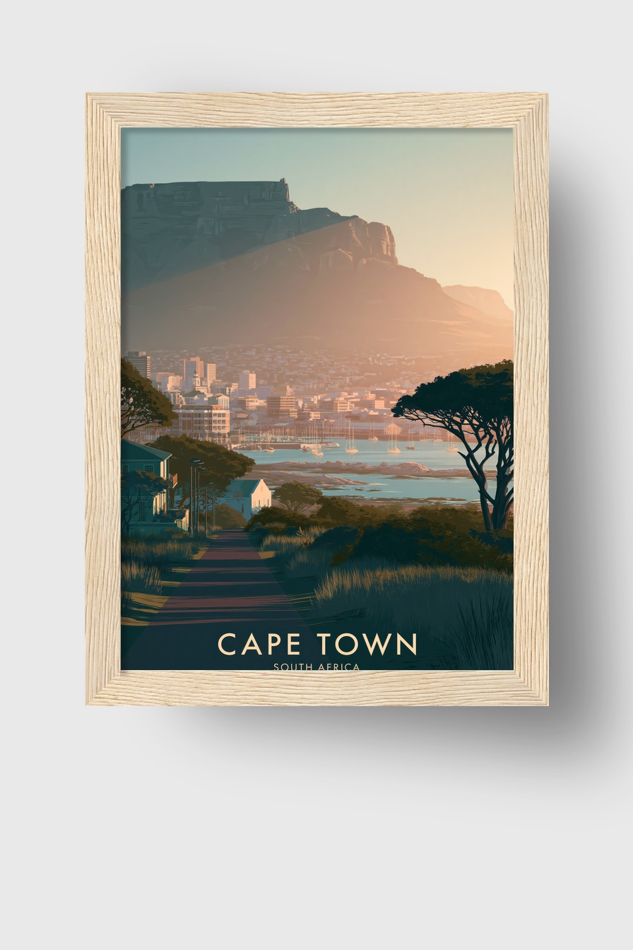 Illustration Poster Cape Town Sonnenuntergang Hafen Berge blau