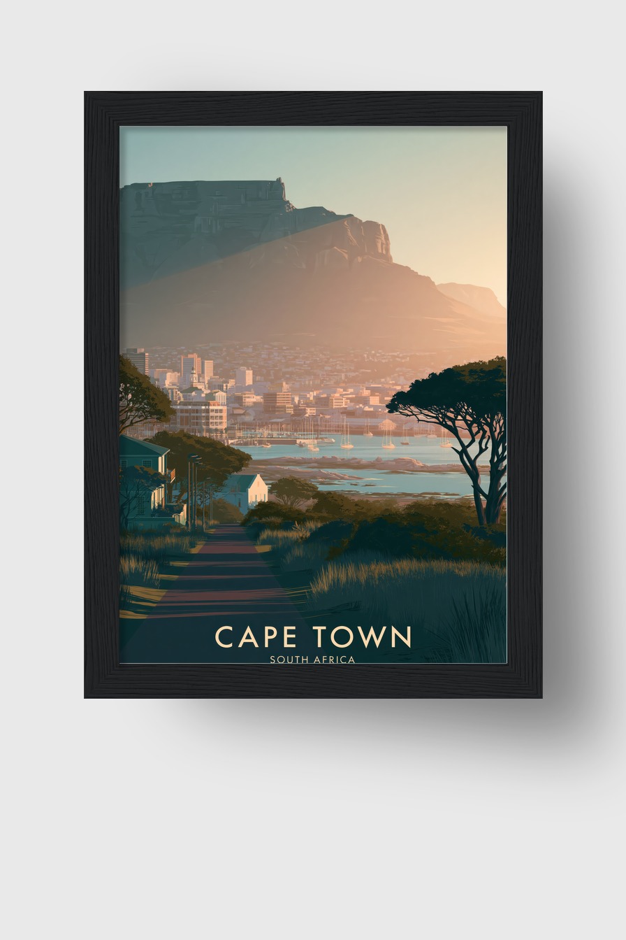 Illustration Poster Cape Town Sonnenuntergang Hafen Berge blau