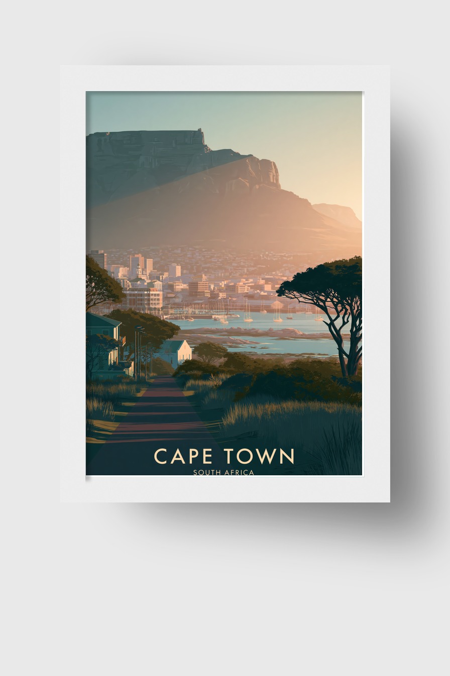 Illustration Poster Cape Town Sonnenuntergang Hafen Berge blau