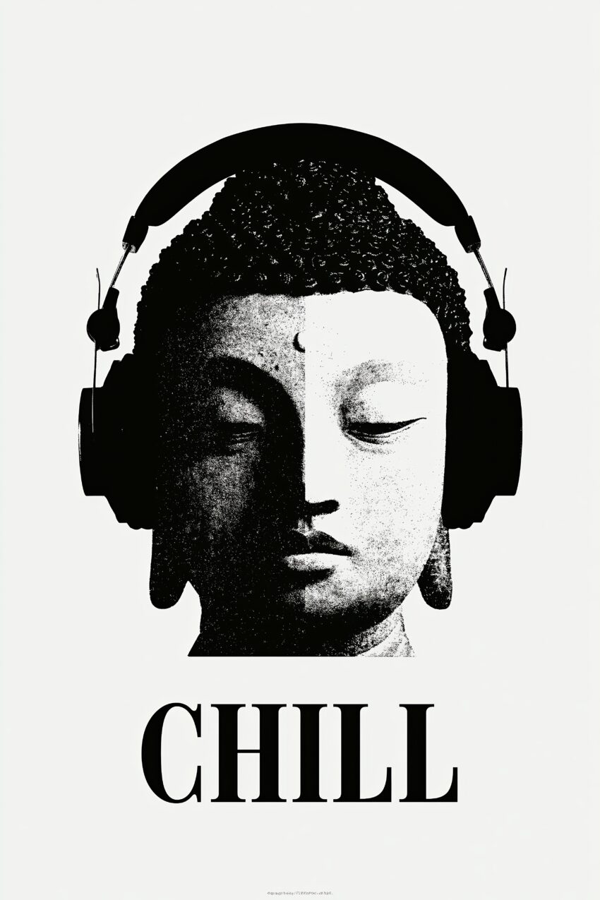 Grafik Poster Buddha Kopfhörer schwarz-weiß minimalistisch
