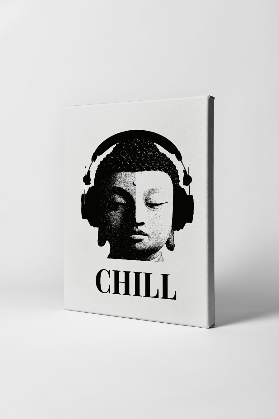 Grafik Poster Buddha Kopfhörer schwarz-weiß minimalistisch