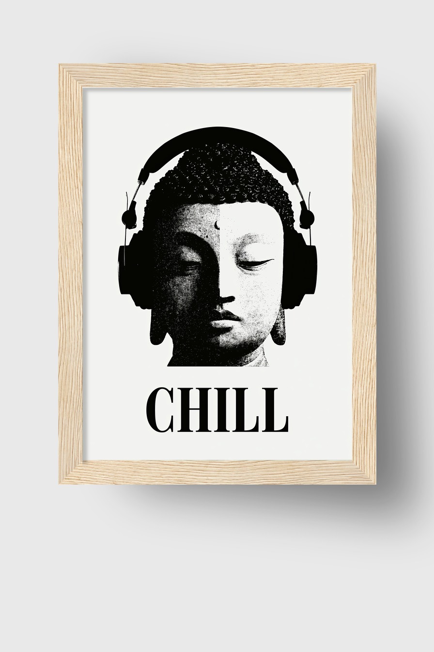 Grafik Poster Buddha Kopfhörer schwarz-weiß minimalistisch