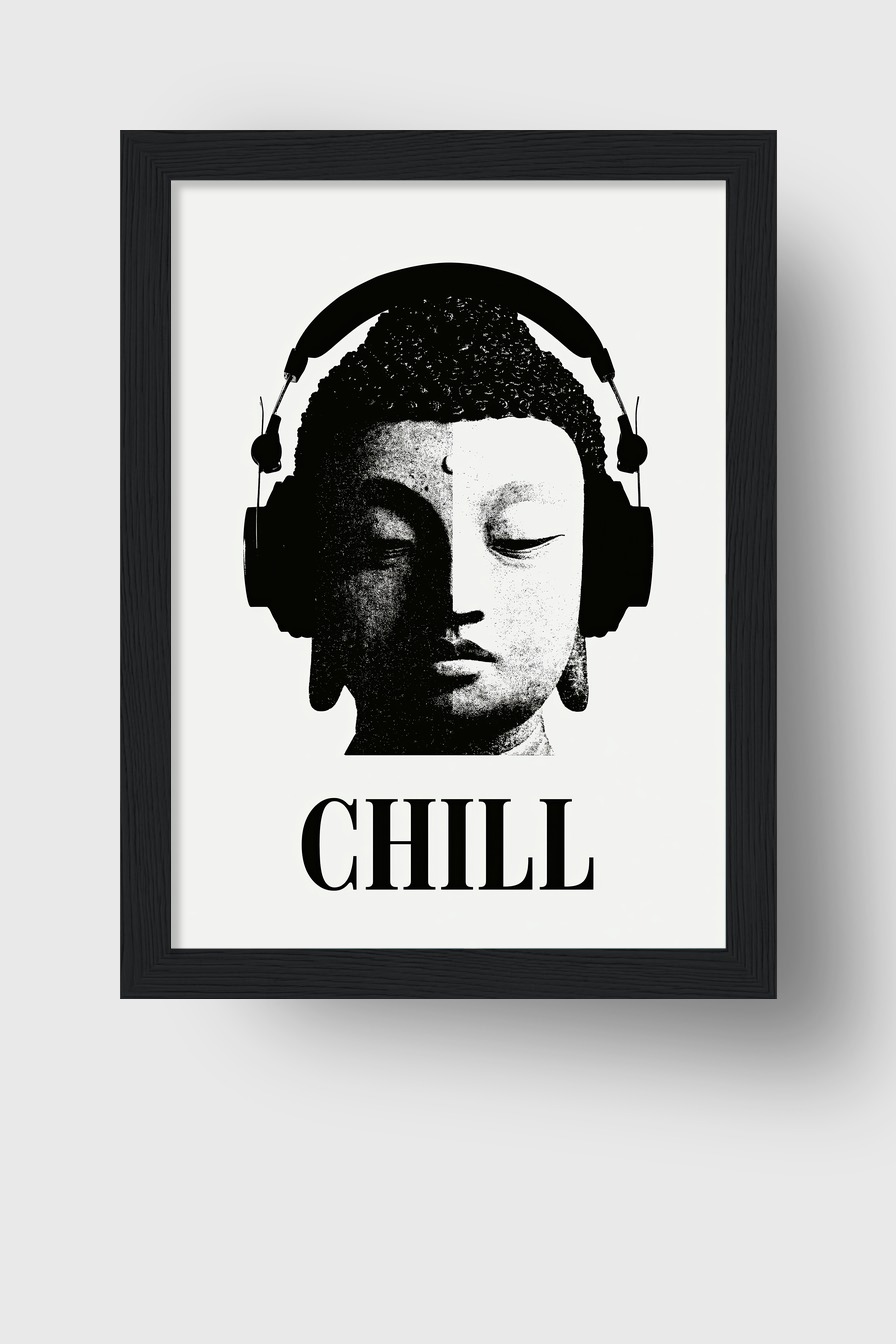 Grafik Poster Buddha Kopfhörer schwarz-weiß minimalistisch