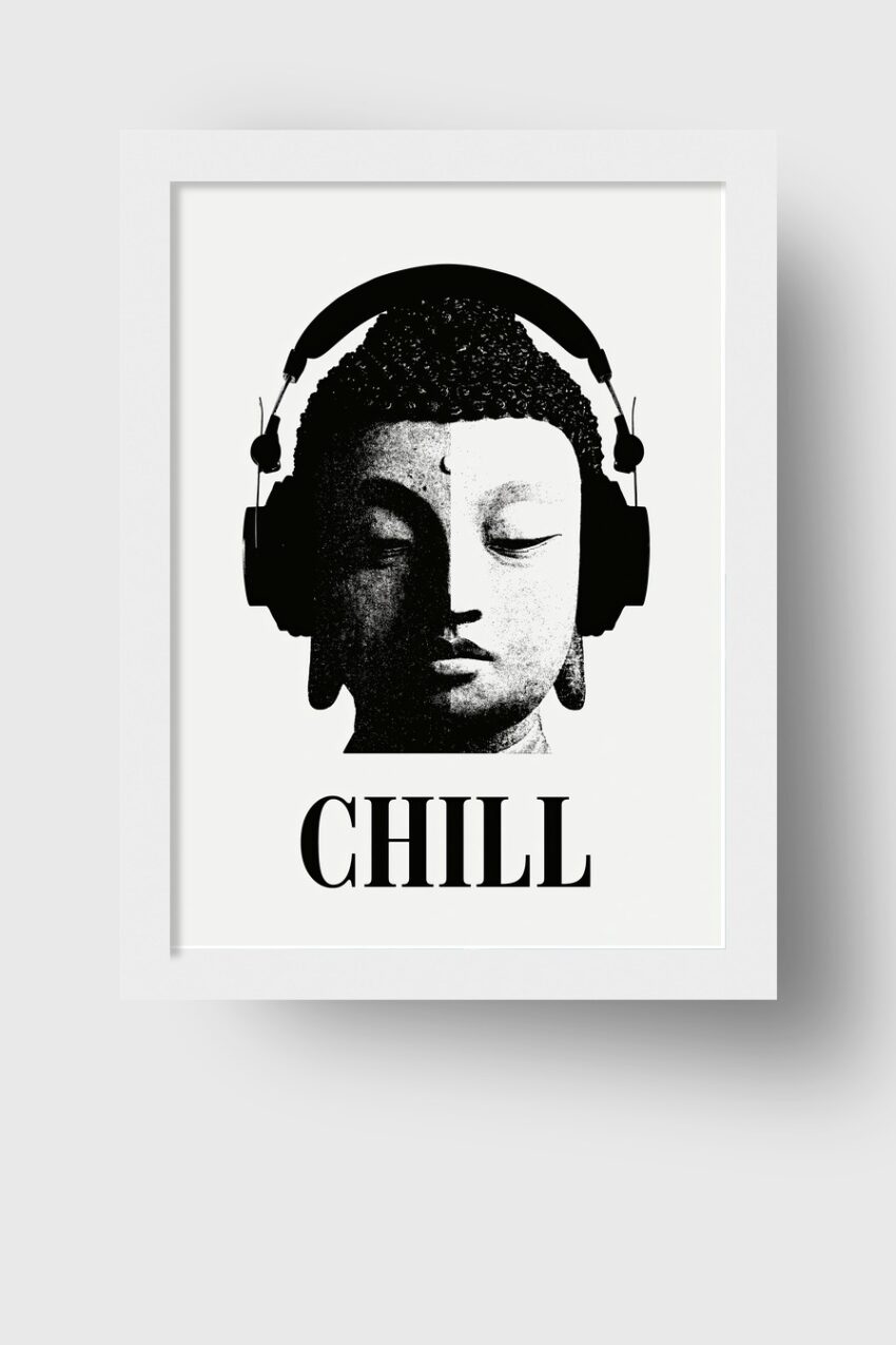 Grafik Poster Buddha Kopfhörer schwarz-weiß minimalistisch