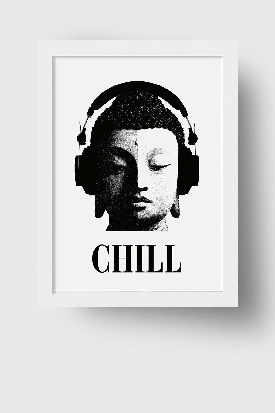 Grafik Poster Buddha Kopfhörer schwarz-weiß minimalistisch