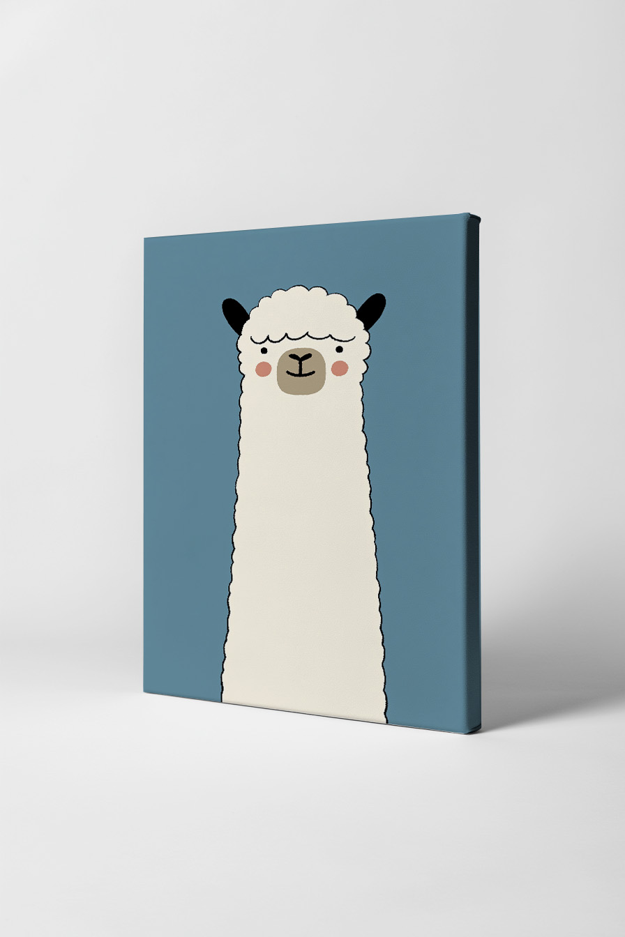 Illustration Poster Lama lang schlank freundliches Gesicht weiß blau