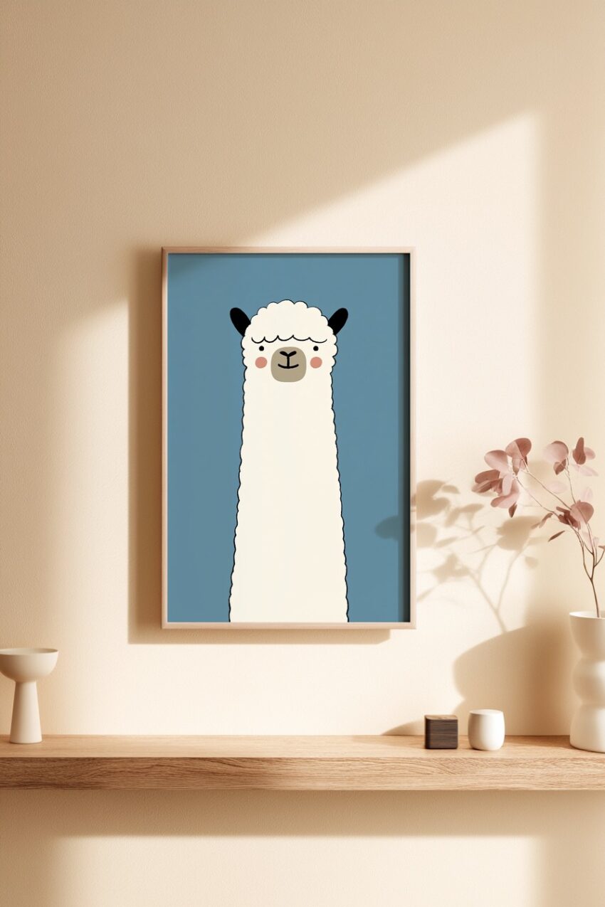 Illustration Poster Lama lang schlank freundliches Gesicht weiß blau