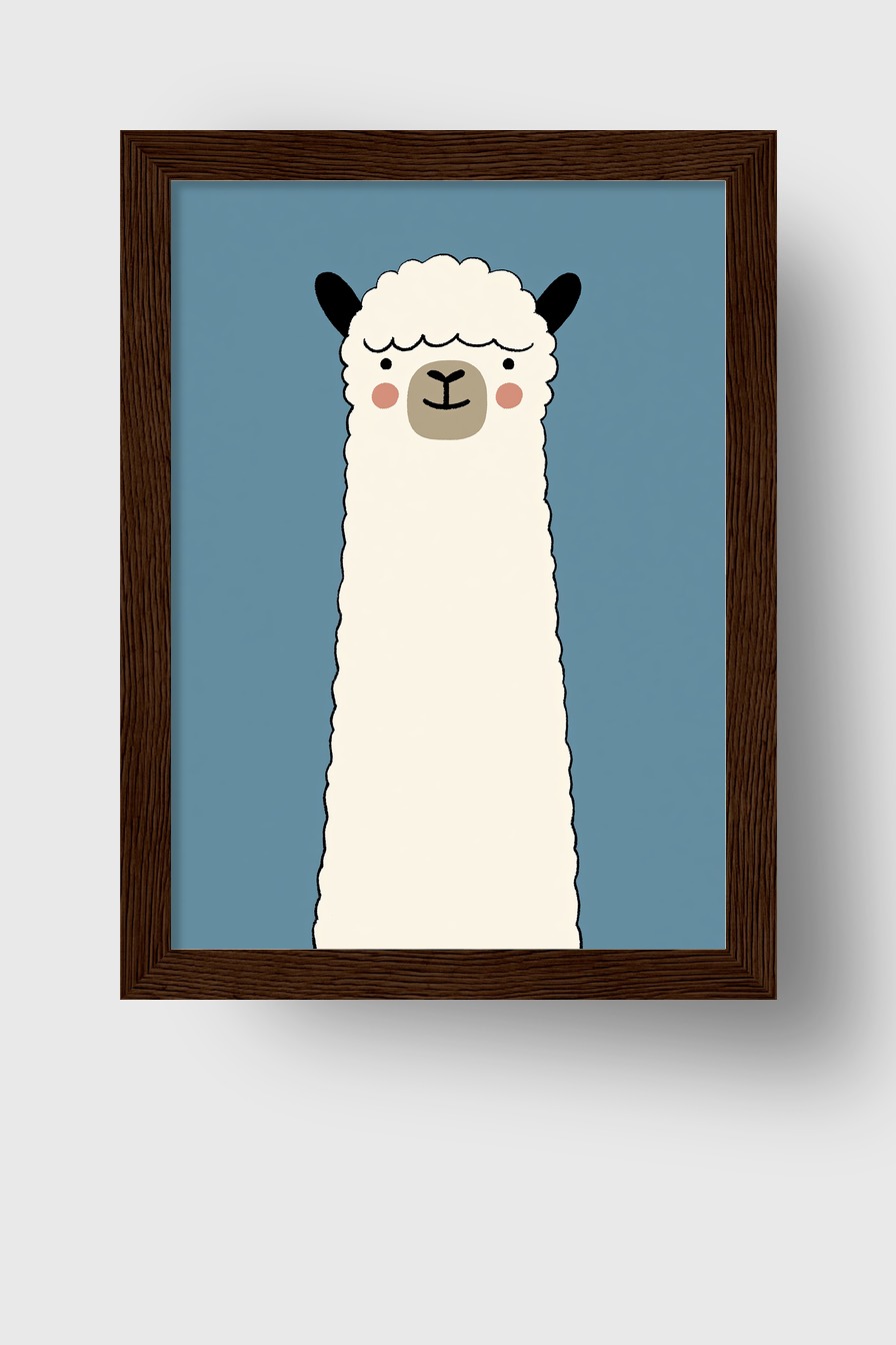 Illustration Poster Lama lang schlank freundliches Gesicht weiß blau