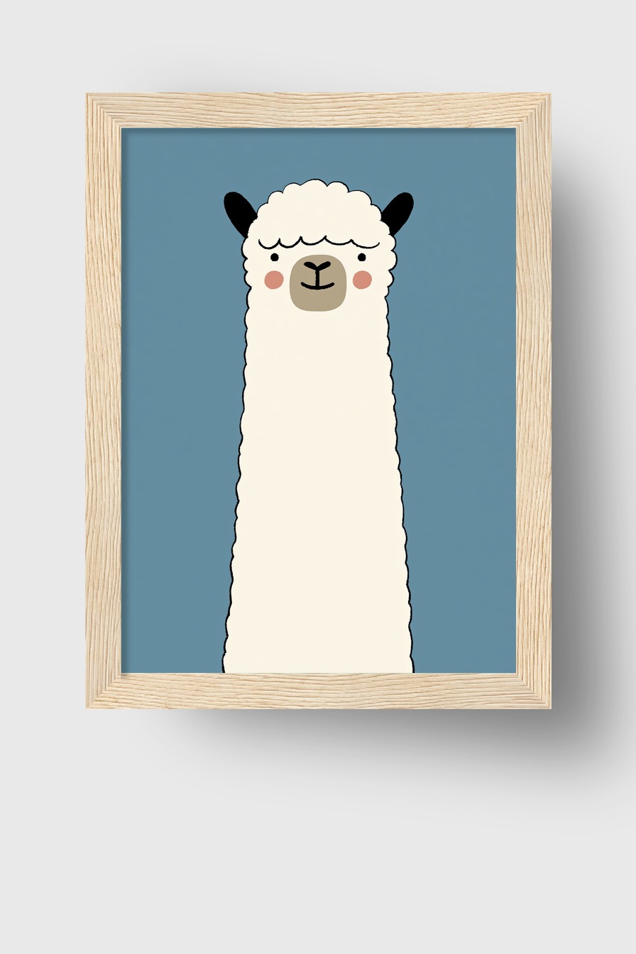 Illustration Poster Lama lang schlank freundliches Gesicht weiß blau