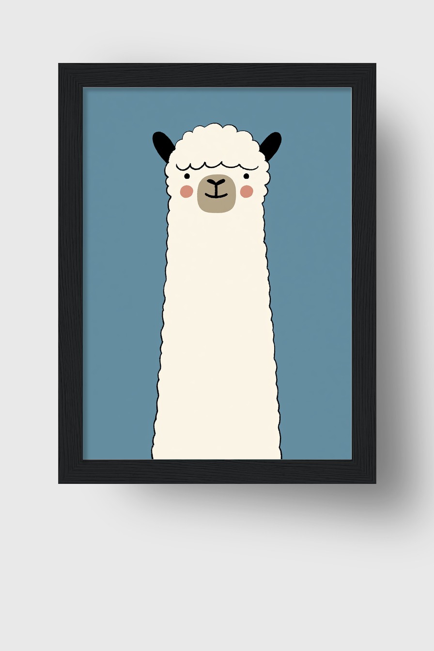Illustration Poster Lama lang schlank freundliches Gesicht weiß blau